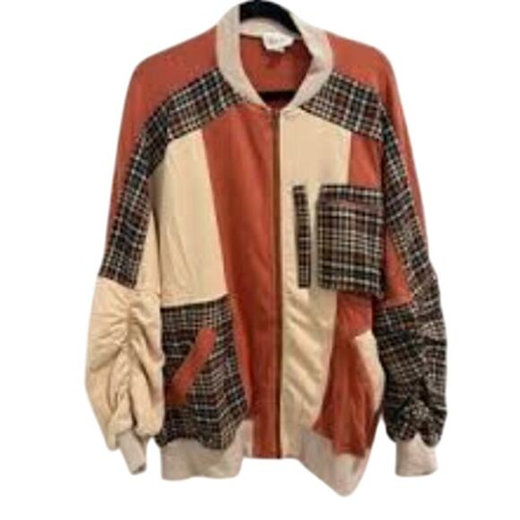 Oli & Hali WASHED COLORBLOCK ZIP FRONT Plaid Pockets BOMBER TERRY JACKET - Picture 4 of 4